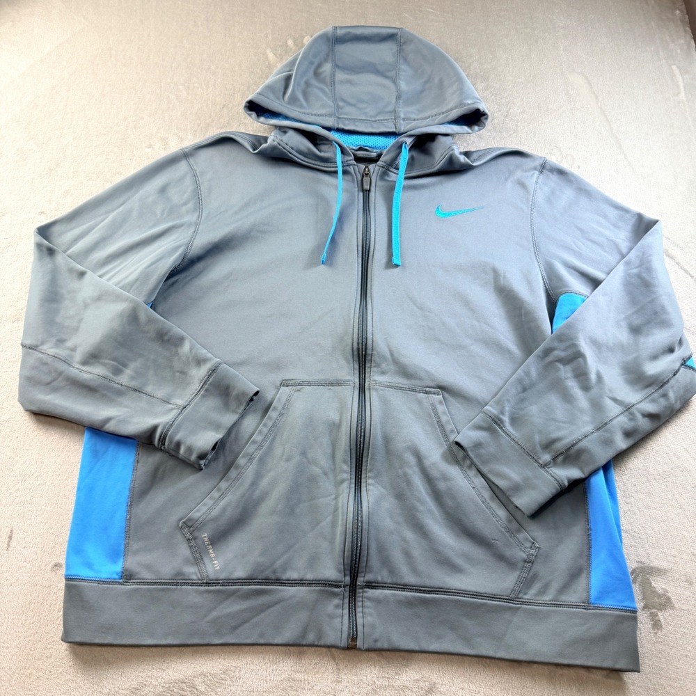 Nike Therma-Fit Men's XXL Full Zip Hoodie Gray Blue Sweatshirt Jacket